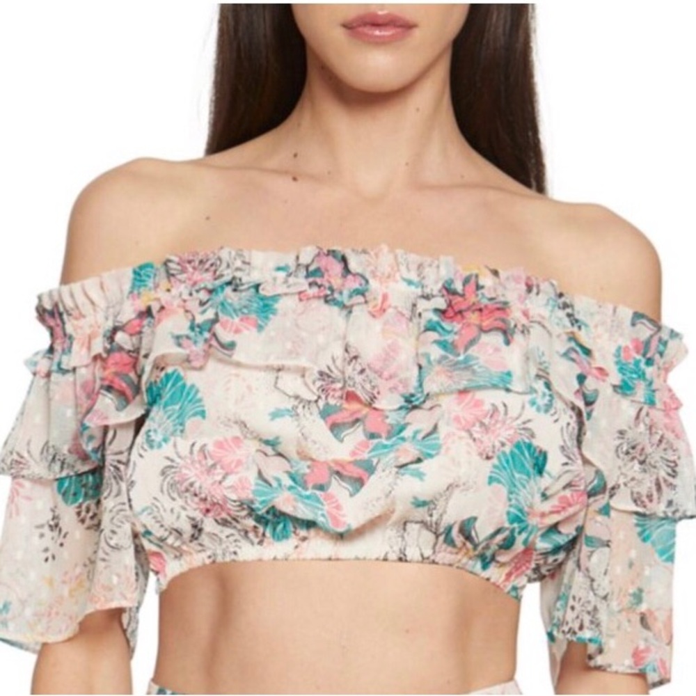 Walter Baker Siena ruffle trim off-the shoulder floral neckline Crop top